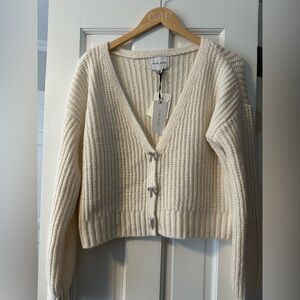 Pink Rose Ivory V‑Neck Knit Cardigan with Bow Buttons NWT